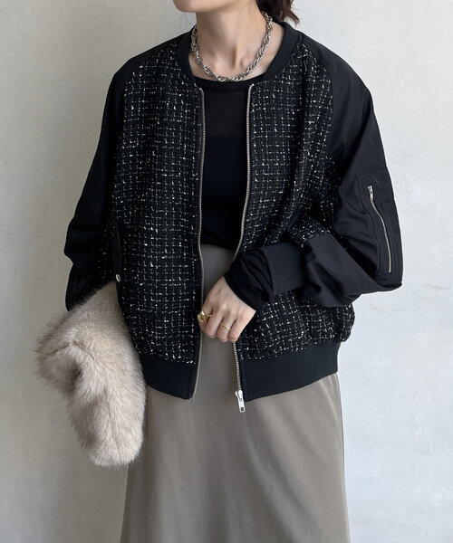 DouDou（ドゥドゥ）の「【WEB限定】MA-1スリーブツイードブルゾン（ブルゾン・レディース・ブラック/グレー/オフホワイト・FREE）」の16枚目の写真