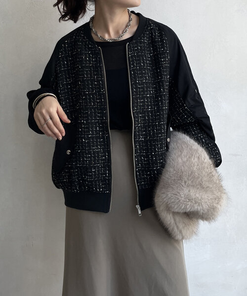 DouDou（ドゥドゥ）の「【WEB限定】MA-1スリーブツイードブルゾン（ブルゾン・レディース・ブラック/グレー/オフホワイト・FREE）」の18枚目の写真