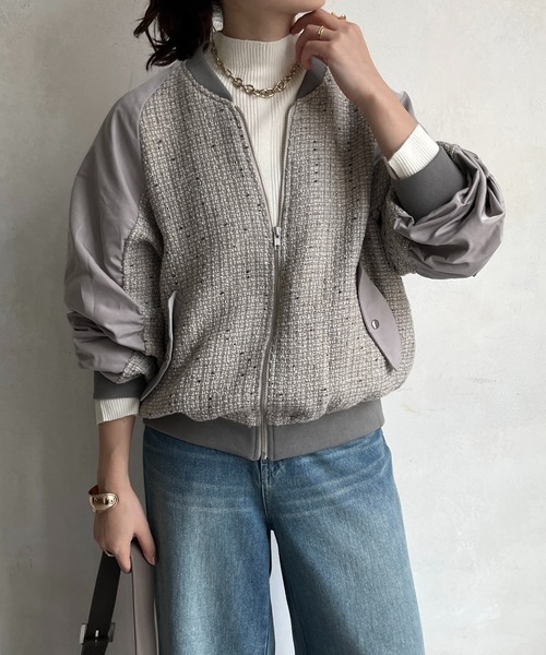 DouDou（ドゥドゥ）の「【WEB限定】MA-1スリーブツイードブルゾン（ブルゾン・レディース・ブラック/グレー/オフホワイト・FREE）」の3枚目の写真