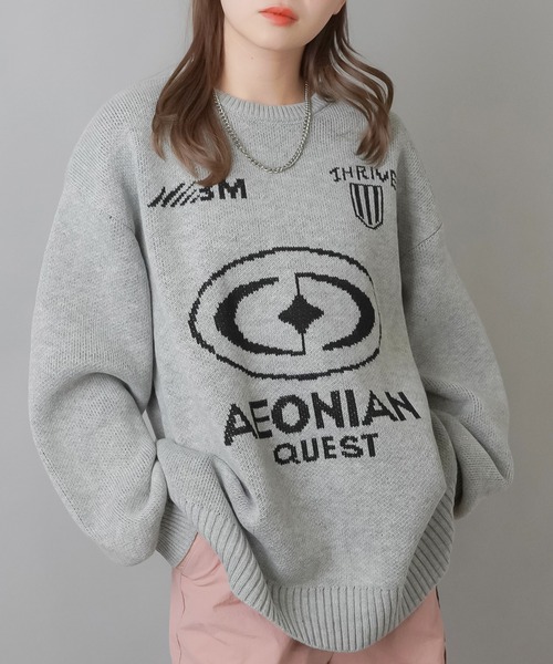 SPINNS（スピンズ）の「ゲームデザイン ビッグジャガードニット（ニット/セーター・レディース・キナリ/ブラック/ピンク/杢グレー・ONESIZE）」の3枚目の写真