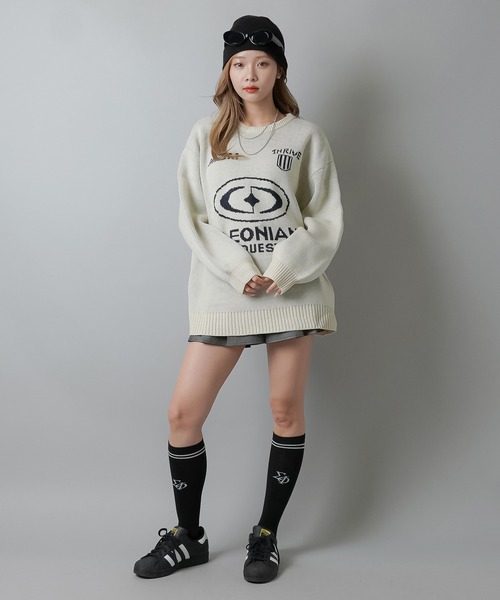 SPINNS（スピンズ）の「ゲームデザイン ビッグジャガードニット（ニット/セーター・レディース・キナリ/ブラック/ピンク/杢グレー・ONESIZE）」の6枚目の写真