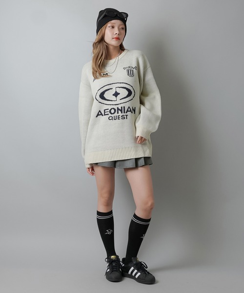 SPINNS（スピンズ）の「ゲームデザイン ビッグジャガードニット（ニット/セーター・レディース・キナリ/ブラック/ピンク/杢グレー・ONESIZE）」の7枚目の写真