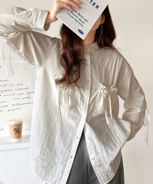 セール】大人の甘さ薫る上品シャツ。衿2wayポケットリボンシャツ（長袖