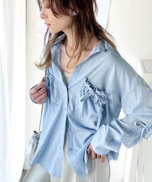 セール】大人の甘さ薫る上品シャツ。衿2wayポケットリボンシャツ（長袖