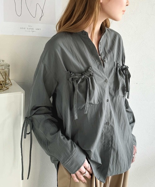 セール】大人の甘さ薫る上品シャツ。衿2wayポケットリボンシャツ（長袖