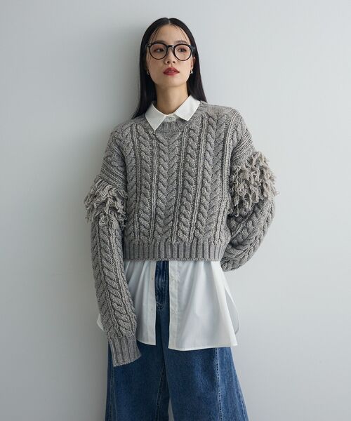 フリンジスリーブショート丈ケーブルニット（ニット/セーター）｜AnriettMusee（アンリエットミュゼ）