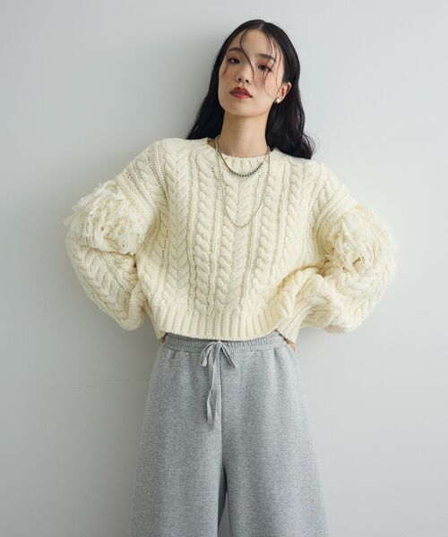 フリンジスリーブショート丈ケーブルニット（ニット/セーター）｜AnriettMusee（アンリエットミュゼ）