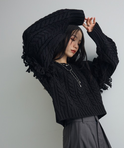 フリンジスリーブショート丈ケーブルニット（ニット/セーター）｜AnriettMusee（アンリエットミュゼ）
