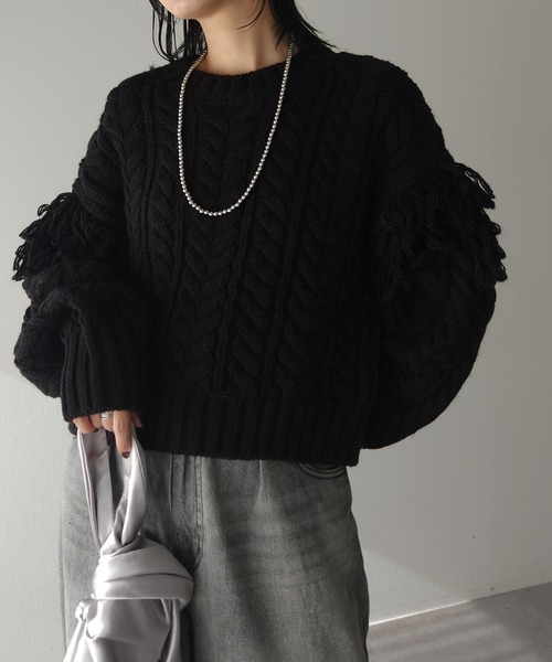 フリンジスリーブショート丈ケーブルニット（ニット/セーター）｜AnriettMusee（アンリエットミュゼ）