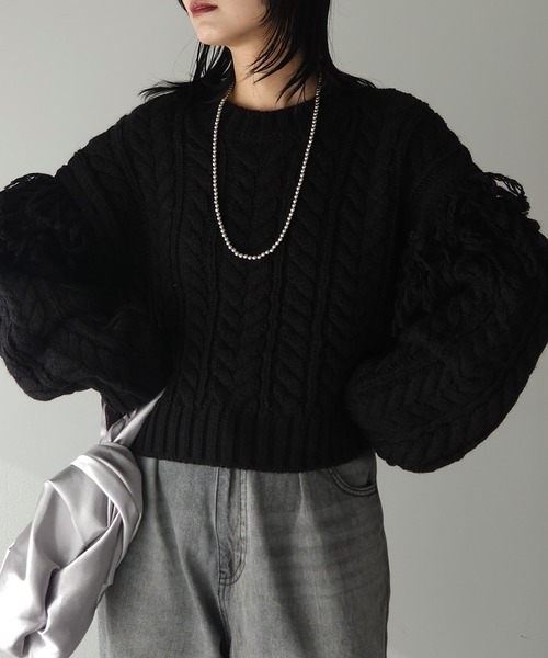 フリンジスリーブショート丈ケーブルニット（ニット/セーター）｜AnriettMusee（アンリエットミュゼ）