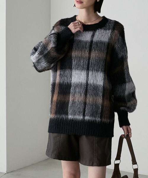 forksy.】ビッグチェックジャガード 起毛ニット プルオーバー forksy