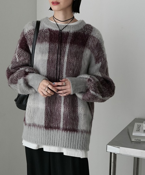 forksy.】ビッグチェックジャガード 起毛ニット プルオーバー forksy