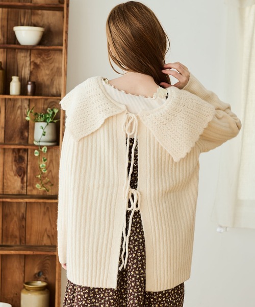 Crisp（クリスプ）の「スカラップカラーリボンニットカーディガン（ニット/セーター・レディース・アイボリー/ベージュ/グリーン/イエロー・FREE）」の6枚目の写真