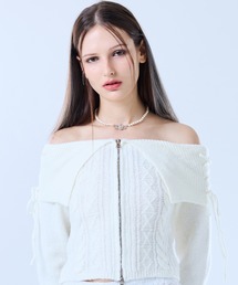 FS RIBBON OFF-SHOULDER KNIT ZIP UP