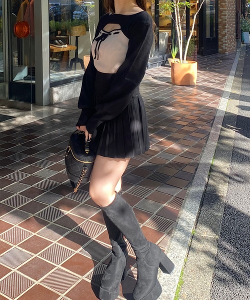 NOMAE（ノーマエ）の「バイカラーリボンショートレイヤードニット（ニット/セーター・レディース・ピンク/ベージュ/ブラック/アイボリー・FREE）」の16枚目の写真