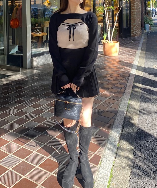 NOMAE（ノーマエ）の「バイカラーリボンショートレイヤードニット（ニット/セーター・レディース・ピンク/ベージュ/ブラック/アイボリー・FREE）」の17枚目の写真