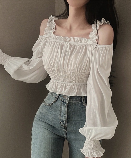 Lace Ladies（レースレディース）の「フリル ギャザー オフショル リボン ブラウス（シャツ/ブラウス・レディース・ブラック/ホワイト・FREE）」の5枚目の写真
