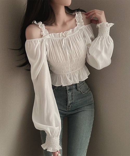 Lace Ladies（レースレディース）の「フリル ギャザー オフショル リボン ブラウス（シャツ/ブラウス・レディース・ブラック/ホワイト・FREE）」の6枚目の写真