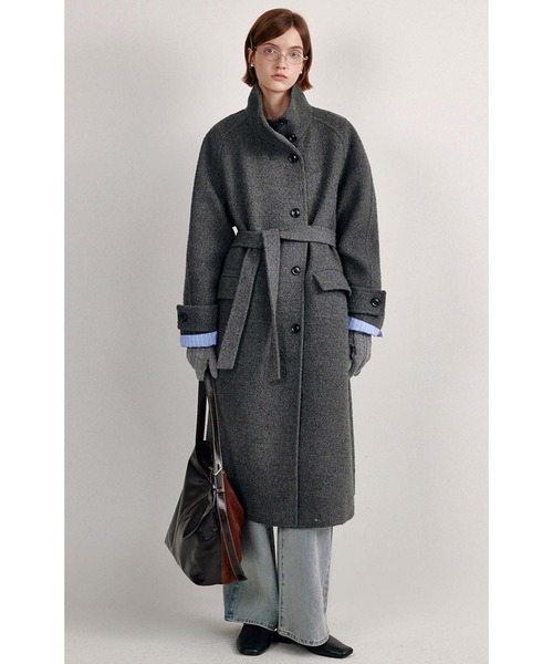 スタンドカラー ウエストベルト付き ウールロングコート FD24W410