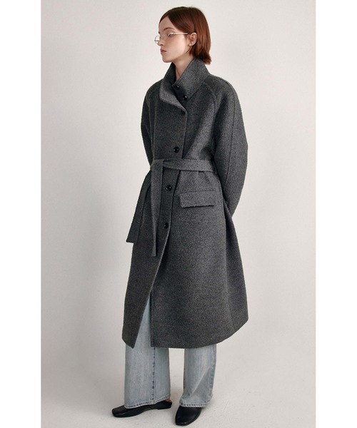 スタンドカラー ウエストベルト付き ウールロングコート FD24W410