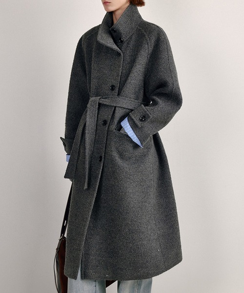 スタンドカラー ウエストベルト付き ウールロングコート FD24W410