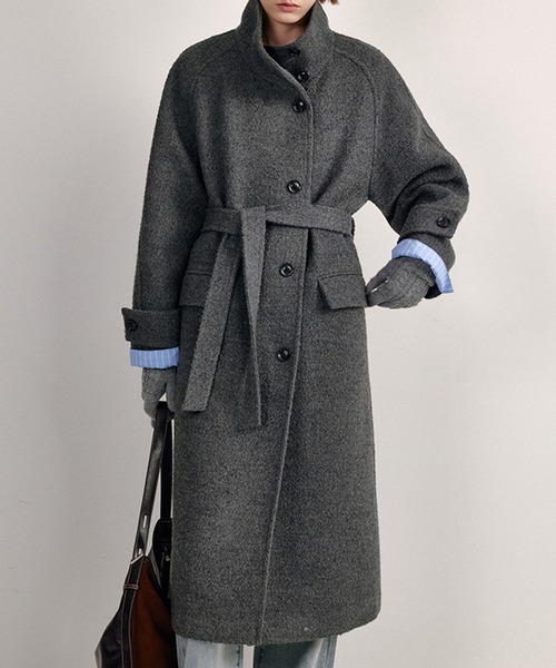 スタンドカラー ウエストベルト付き ウールロングコート
