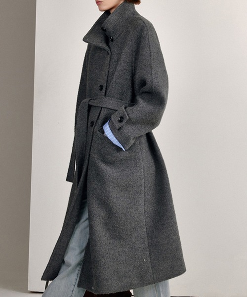スタンドカラー ウエストベルト付き ウールロングコート FD24W410