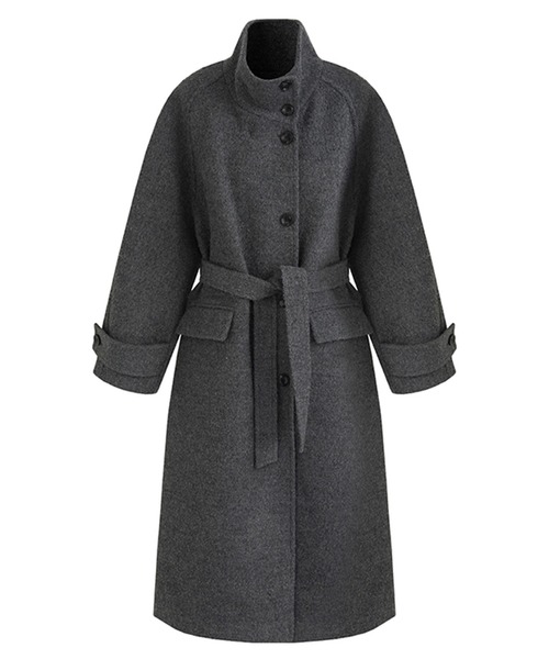 スタンドカラー ウエストベルト付き ウールロングコート FD24W410