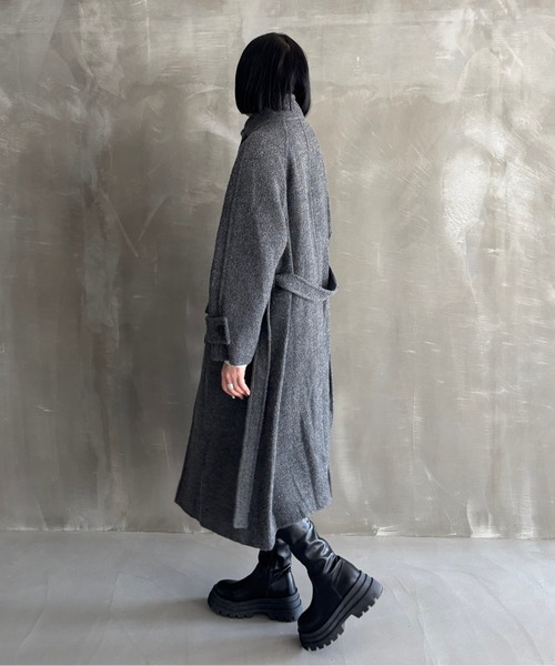 セール】スタンドカラー ウエストベルト付き ウールロングコート