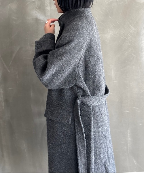 スタンドカラー ウエストベルト付き ウールロングコート FD24W410