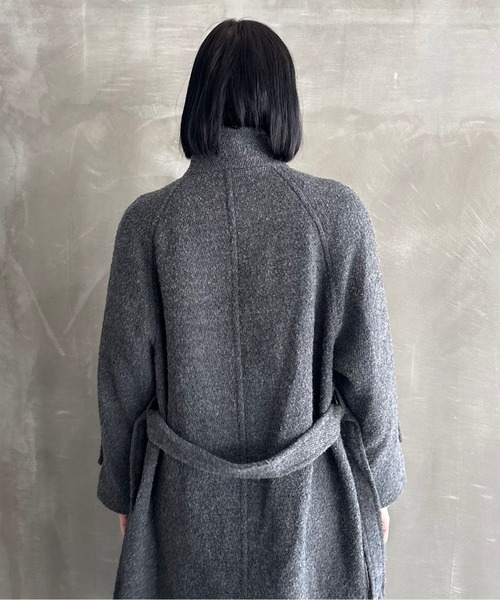 スタンドカラー ウエストベルト付き ウールロングコート FD24W410