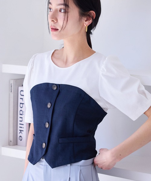 VIS(ビス)の「【新色追加】【美easy】釦ビスチェTシャツドッキングプルオーバー【接触冷感/洗える】(Tシャツ/カットソー・レディース・キナリ/グリーン系その他2/オレンジ系その他2/ブラック/ネイビー/ライトグリーン・FREE)」の6枚目の写真