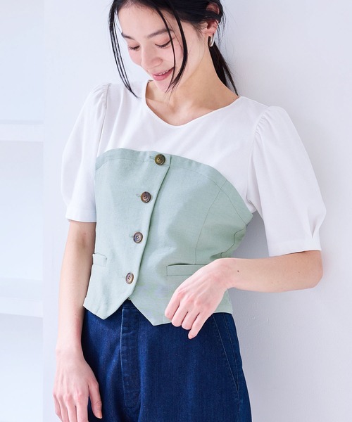 VIS(ビス)の「【新色追加】【美easy】釦ビスチェTシャツドッキングプルオーバー【接触冷感/洗える】(Tシャツ/カットソー・レディース・キナリ/グリーン系その他2/オレンジ系その他2/ブラック/ネイビー/ライトグリーン・FREE)」の4枚目の写真