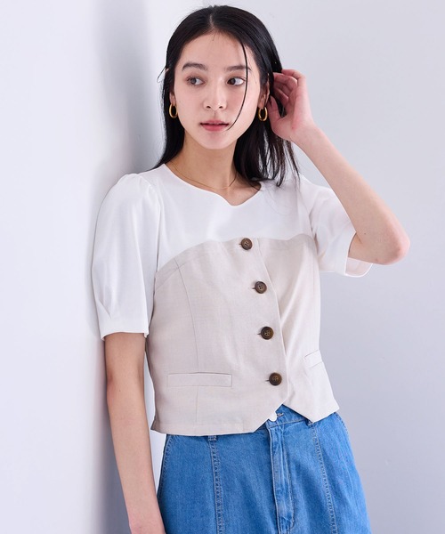 VIS(ビス)の「【新色追加】【美easy】釦ビスチェTシャツドッキングプルオーバー【接触冷感/洗える】(Tシャツ/カットソー・レディース・キナリ/グリーン系その他2/オレンジ系その他2/ブラック/ネイビー/ライトグリーン・FREE)」の2枚目の写真