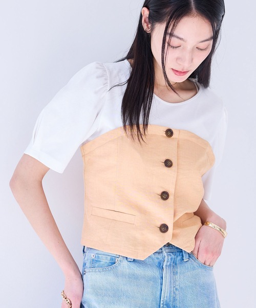 VIS(ビス)の「【新色追加】【美easy】釦ビスチェTシャツドッキングプルオーバー【接触冷感/洗える】(Tシャツ/カットソー・レディース・キナリ/グリーン系その他2/オレンジ系その他2/ブラック/ネイビー/ライトグリーン・FREE)」の1枚目の写真