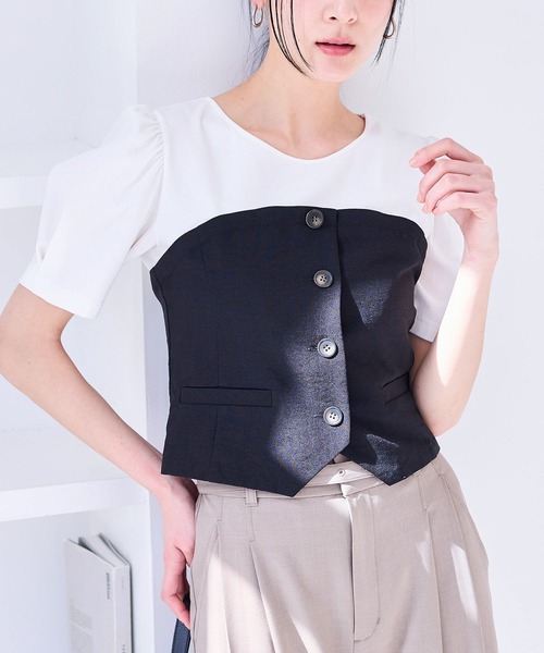 VIS(ビス)の「【新色追加】【美easy】釦ビスチェTシャツドッキングプルオーバー【接触冷感/洗える】(Tシャツ/カットソー・レディース・キナリ/グリーン系その他2/オレンジ系その他2/ブラック/ネイビー/ライトグリーン・FREE)」の3枚目の写真