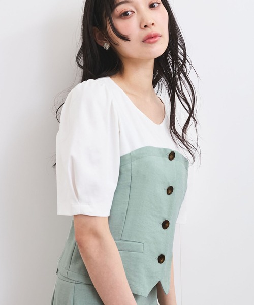tシャツ 「新色追加」「美easy」釦ビスチェTシャツドッキングプルオーバー「接触冷感/洗える」 レディース 新色追加】【美easy】釦ビスチェTシャツドッキングプルオーバー