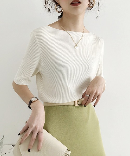 セール】5分袖丈ボートネックサマーニットプルオーバー（ニット  