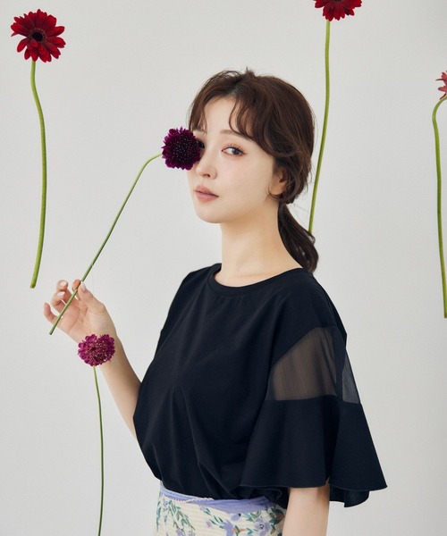 mysty woman(ミスティウーマン)の「【WEB限定復刻!】シアーショルダー切り替えプルオーバー 452209(Tシャツ/カットソー・レディース・オフホワイト/ブラック/ライトブルー/ライトグリーン・FREE)」の3枚目の写真