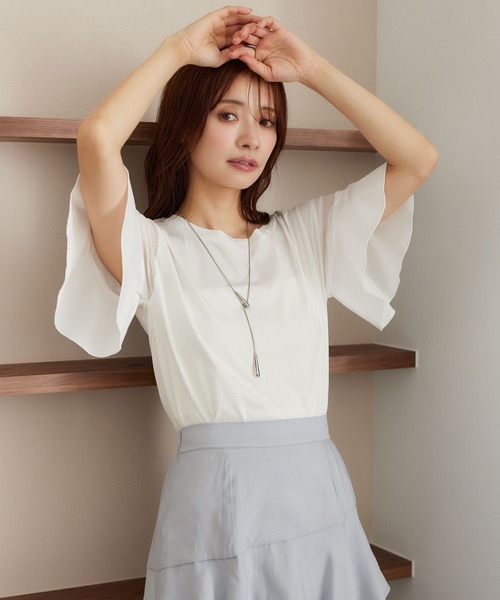 mysty woman(ミスティウーマン)の「【WEB限定復刻!】シアーショルダー切り替えプルオーバー 452209(Tシャツ/カットソー・レディース・オフホワイト/ブラック/ライトブルー/ライトグリーン・FREE)」の6枚目の写真