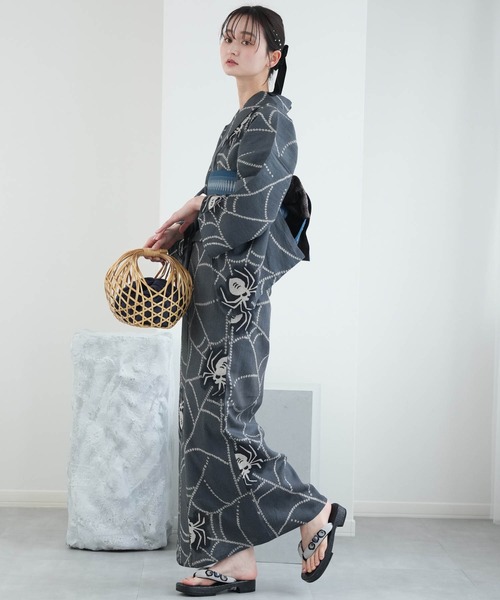 浜松注染浴衣3点セット 綿麻×刺し子 錆鼠に蜘蛛の巣（浴衣