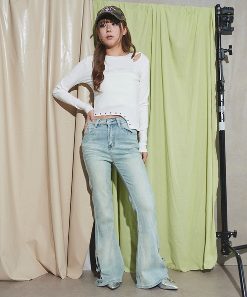 dispark（ディスパーク）の「DISPARK/デザインスリットストレッチフレアデニム（デニムパンツ・レディース・ブラック/ライトインディゴブルー・MEDIUM/SMALL）」の3枚目の写真