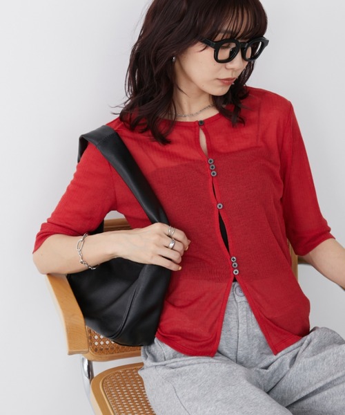 Auntie Rosa Holiday(アンティローザホリデー)の「フロントホールシアーテレコカーディガン(Tシャツ/カットソー・レディース・レッド/ブラック/グレー・FREE)」の15枚目の写真