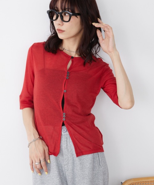 Auntie Rosa Holiday(アンティローザホリデー)の「フロントホールシアーテレコカーディガン(Tシャツ/カットソー・レディース・レッド/ブラック/グレー・FREE)」の16枚目の写真