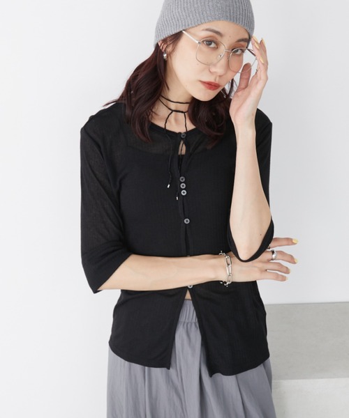 Auntie Rosa Holiday(アンティローザホリデー)の「フロントホールシアーテレコカーディガン(Tシャツ/カットソー・レディース・レッド/ブラック/グレー・FREE)」の6枚目の写真