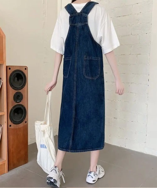 urge:(アージコロン )の「【URGE:】デニム ロング丈 オーバーオール ワンピース(ワンピース・レディース・ネイビー・SMALL/MEDIUM/LARGE/X-LARGE)」の5枚目の写真