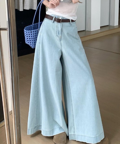 AMOMENTO　ジーンズ　デニムパンツ　フルレングス　ライトブルー　ワイド シンプルでおしゃれ！ライトブルー デニム ワイド パンツ【韓国