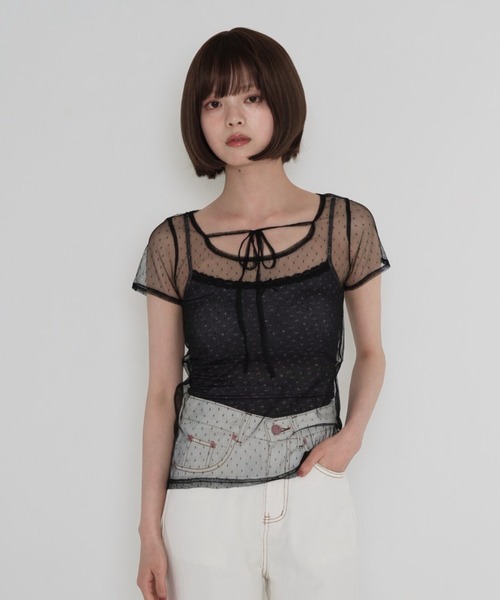 Uenui（ウニュイ）の「【 cunii 】 シアー メッシュ ドット ブラウス（シャツ/ブラウス・レディース・パープル/ホワイト/ブラウン/ブラック・FREE）」の2枚目の写真