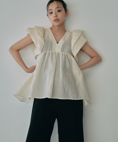 ブラウス シャツ Raffle Peplum Top ラッフルペプラムTOP レディース sheer jacquard peplum tops / シアージャガードペプラム