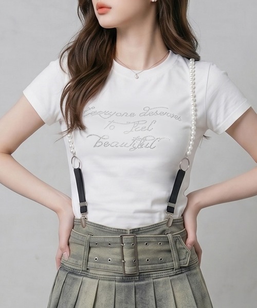 Diable baiser(ディアブルベーゼ)の「ロゴビジュー半袖カットソー(Tシャツ/カットソー・レディース・ホワイト/ピンク・FREE)」の1枚目の写真